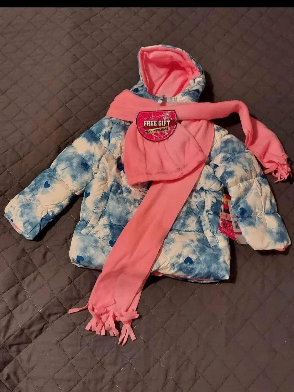 Pink Platinum Blue & White Tie-Dye Heart Puffer Jacket with Pink Scarf